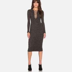 Bardot Romeo Lace Up Dress in Black and Gold midi sz 8